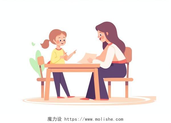 人物一位老师正在教一个坐在桌边的女孩卡通AI插画